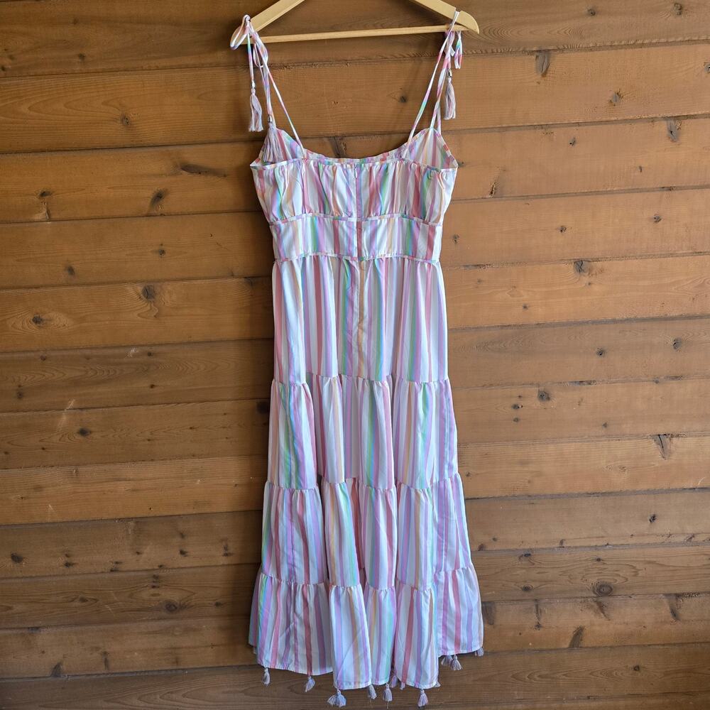 Chicwish Rainbow Stripe Maxi Dress Tassle Boho Preppy Med Summer Pastel Cottage - Picture 4 of 6